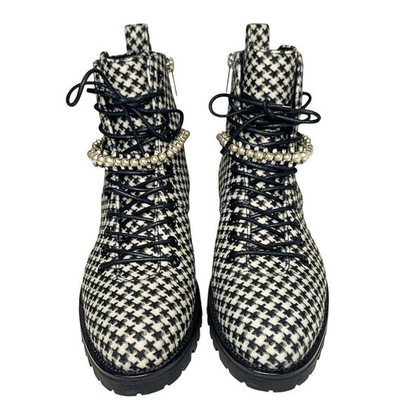 Jimmy Choo Cruz Black White Houndstooth Embellished Combat Lace-Up Boots EU 37 - Picture 2 of 10